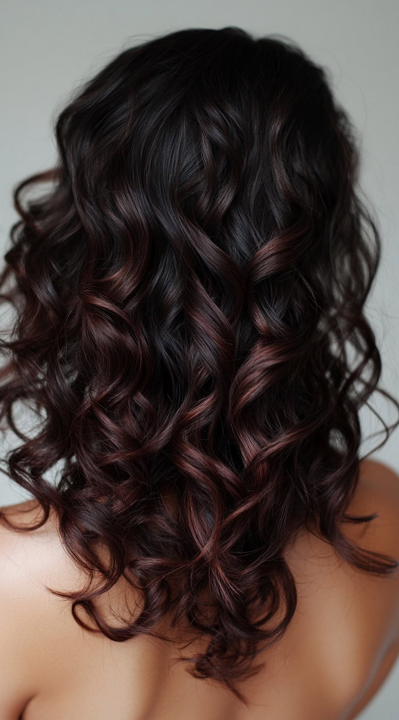 Long curly hair with deep cherry red highlights on a dark base.