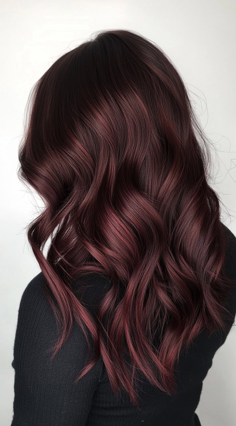 Long, glossy black waves with rich cherry cola highlights adding depth.