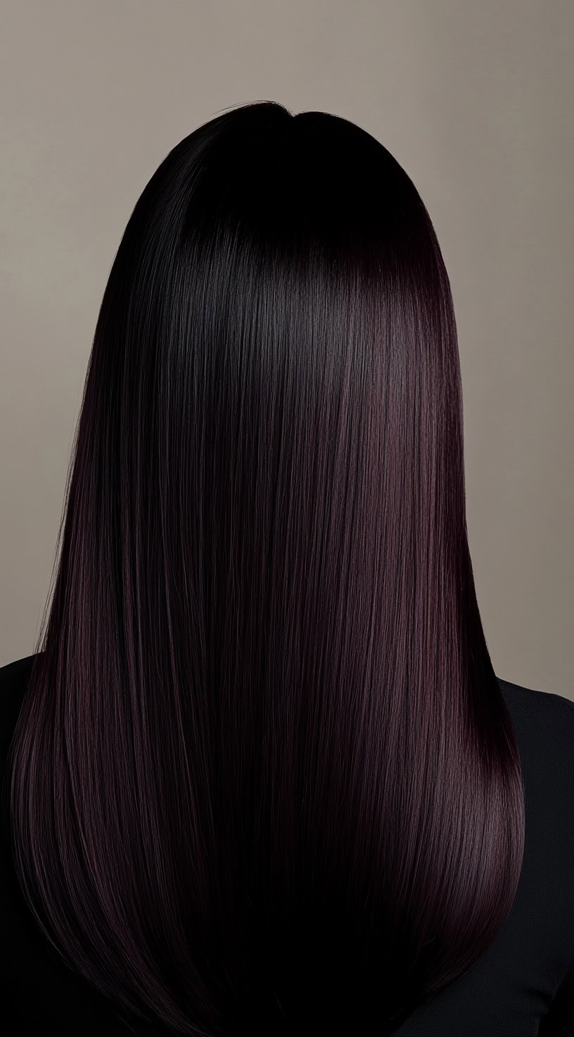 Long sleek black hair with subtle cherry cola highlights near the tips.