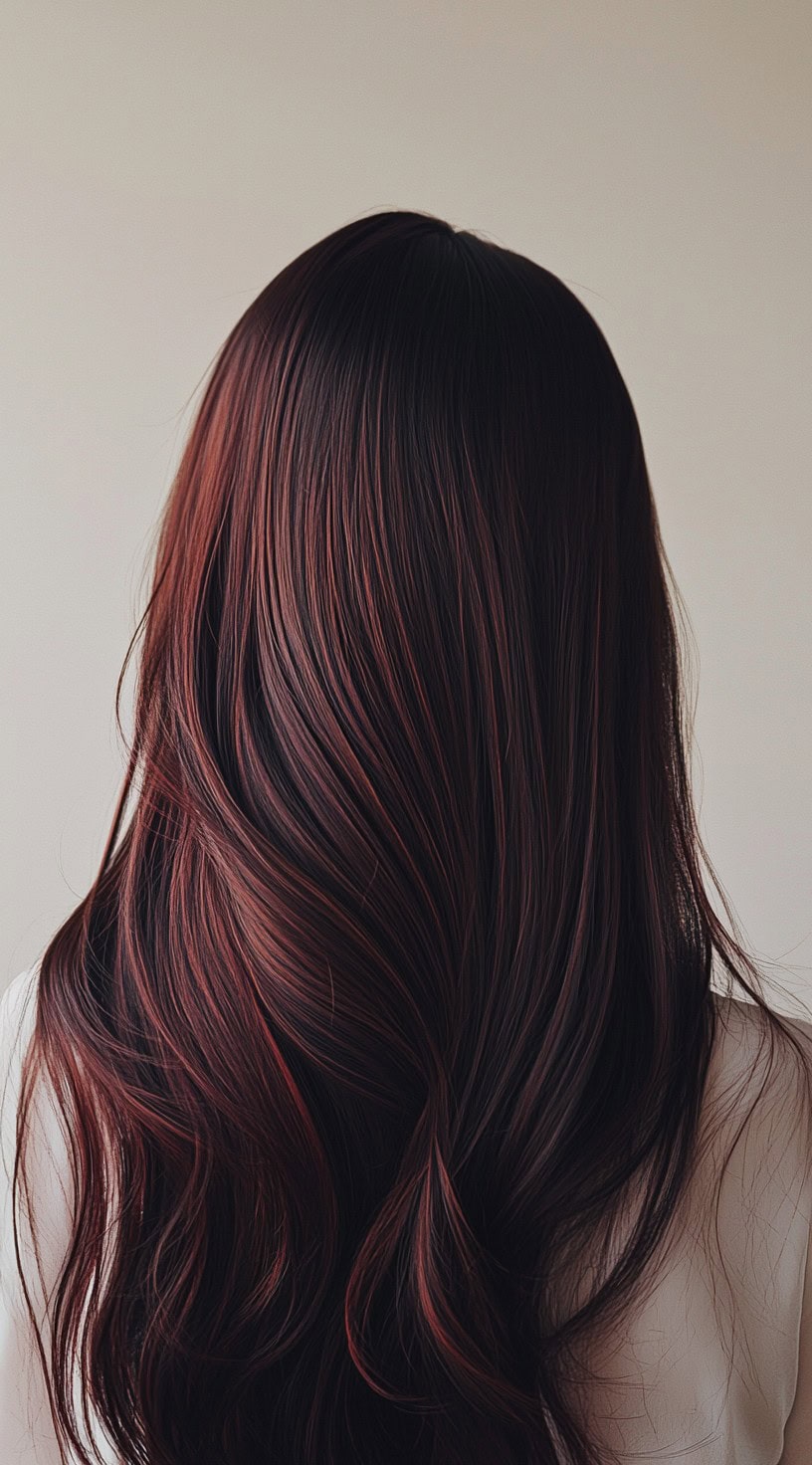 Long, sleek, straight black hair with dark cherry red highlights woven in.