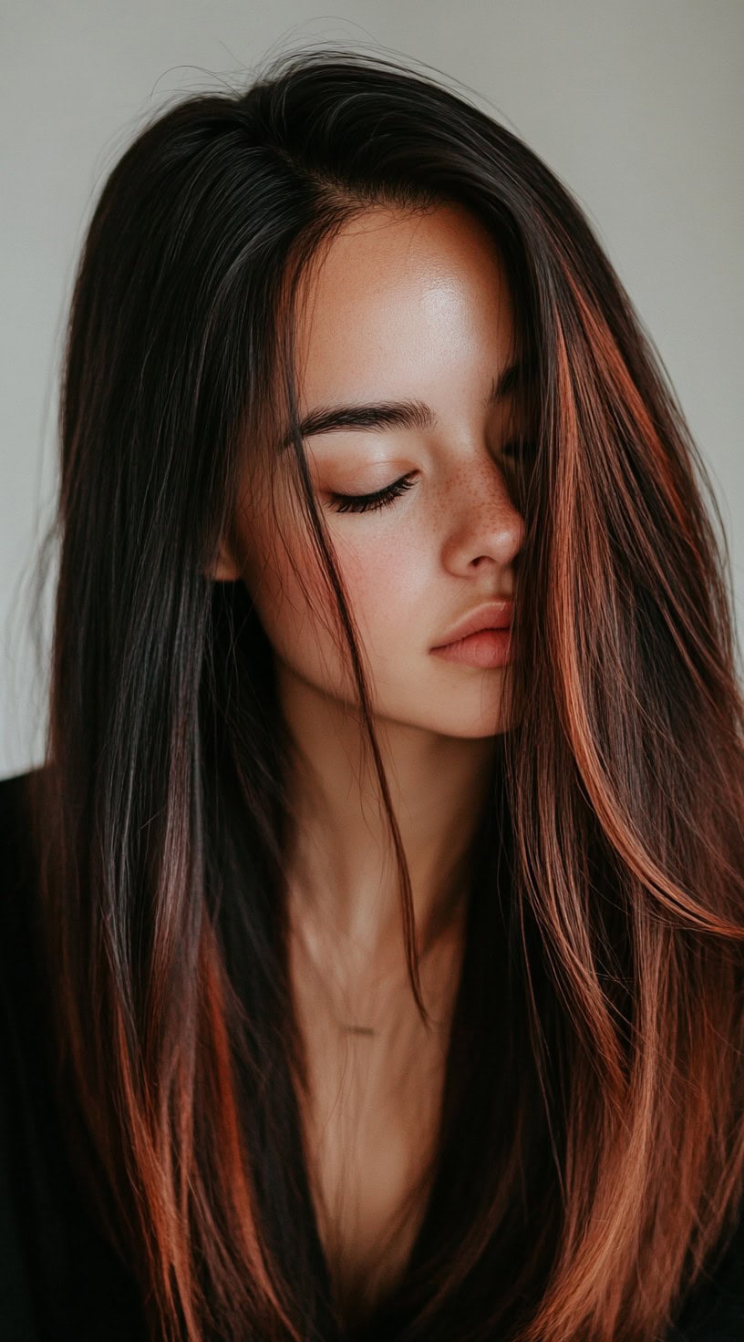 Long, sleek straight hair with subtle reddish-brown highlights enhancing the natural black base.