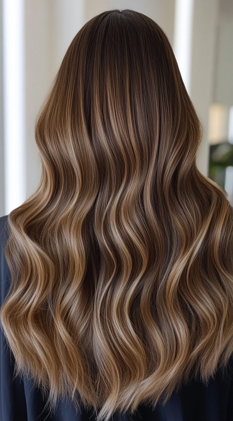 Long, soft waves in a rich caramel balayage with honey highlights cascading down.