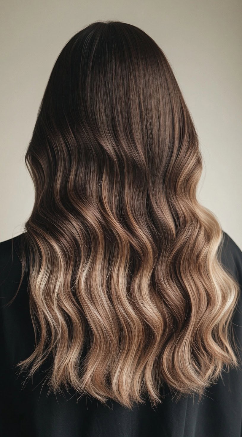 Long, wavy brown hair with honey blonde balayage highlights cascading down the back.