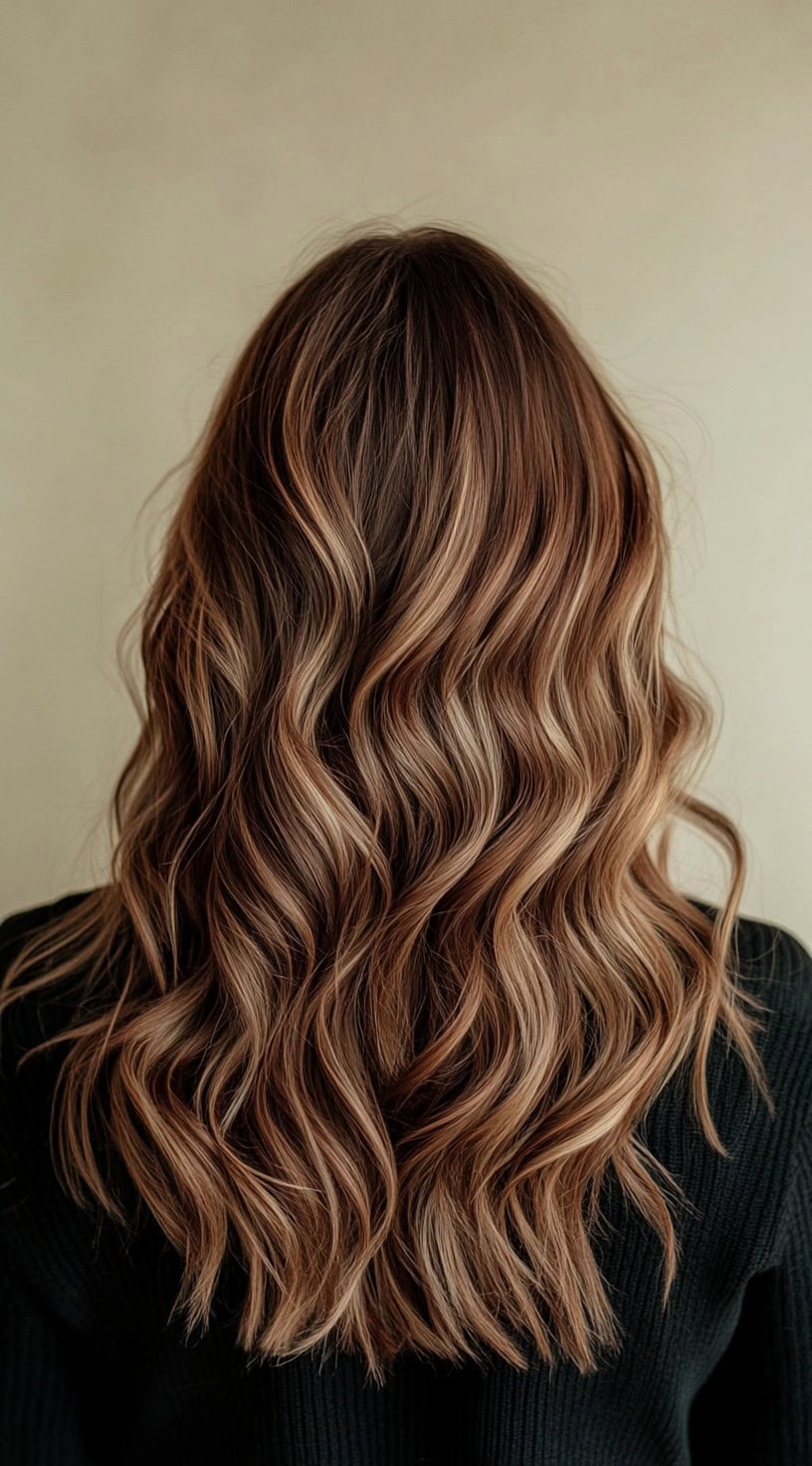 Long wavy brown hair with warm honey-toned balayage highlights.