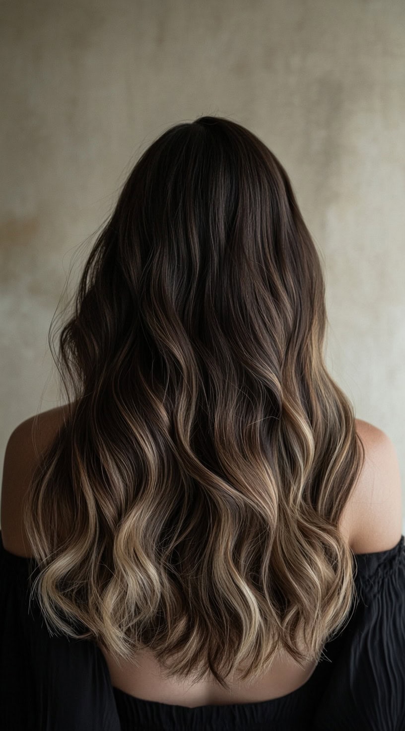 Long, wavy brunette hair with beige balayage highlights for a subtle contrast.