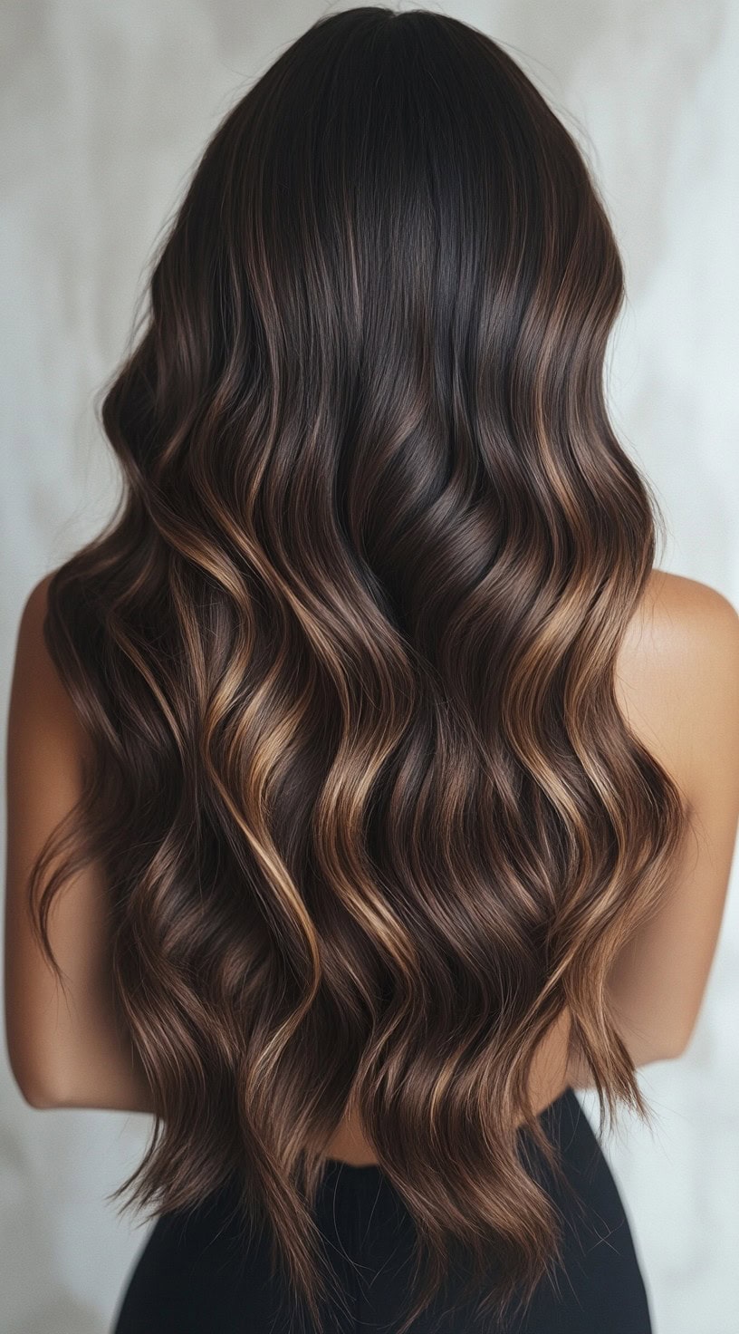 Long wavy brunette hair with caramel balayage highlights subtly woven in.