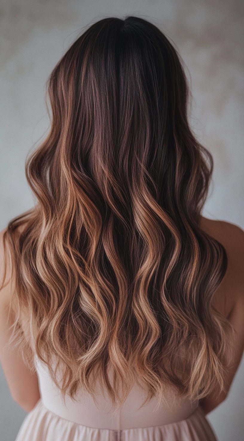 Long wavy brunette hair with honey-toned balayage highlights.