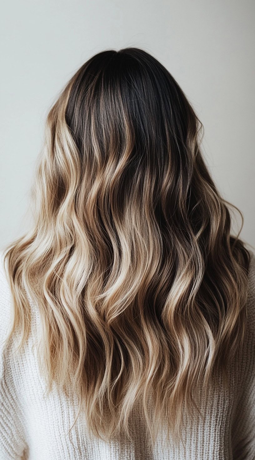 Long, wavy hair with dark roots transitioning into warm blonde balayage highlights.