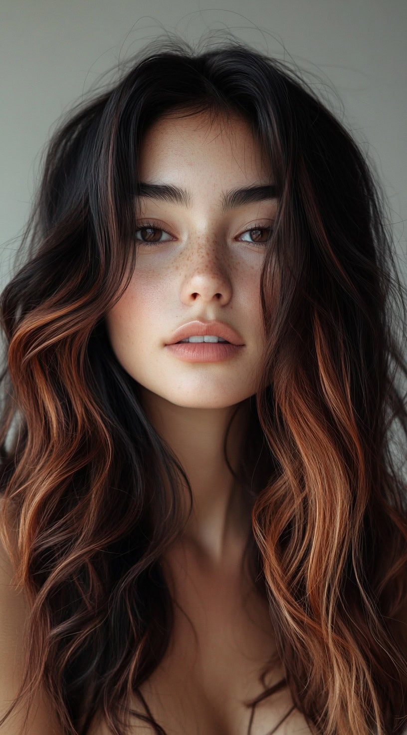 Long wavy hair with soft, honey brown highlights that blend seamlessly into the natural black base.