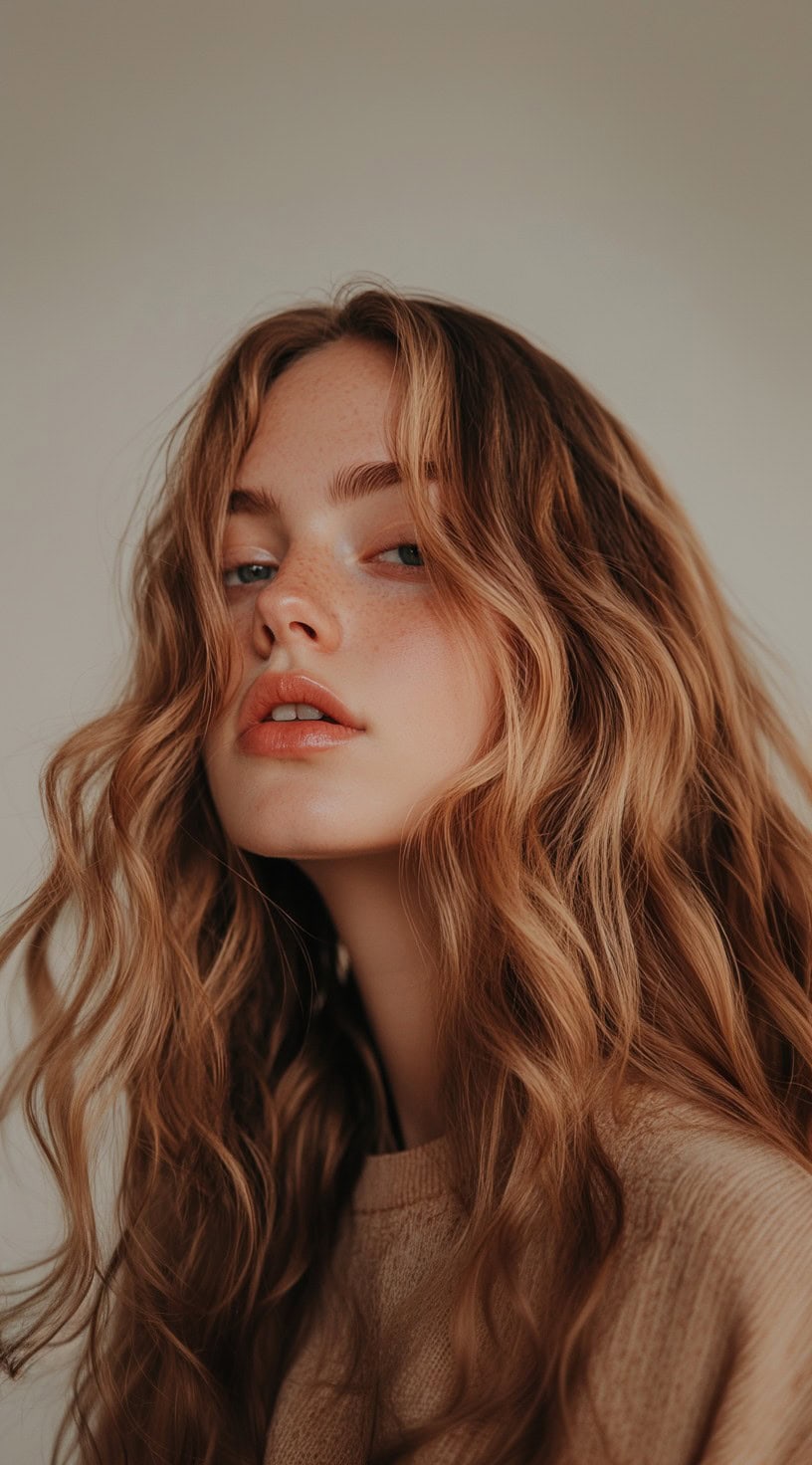 Loose, boho-inspired waves with a honey caramel balayage.