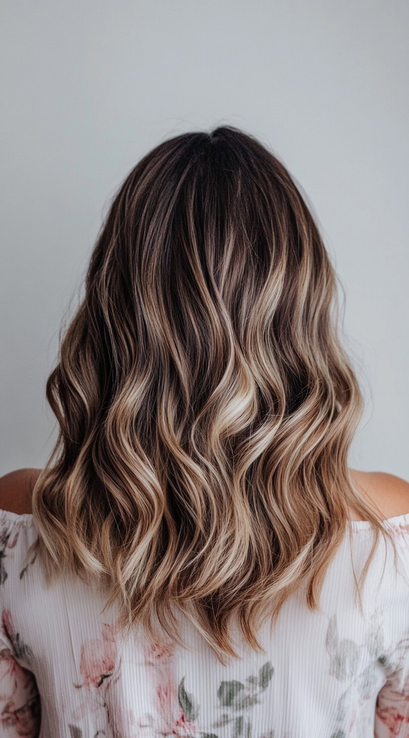 Loose, natural waves with dark brown roots and light blonde balayage highlights.