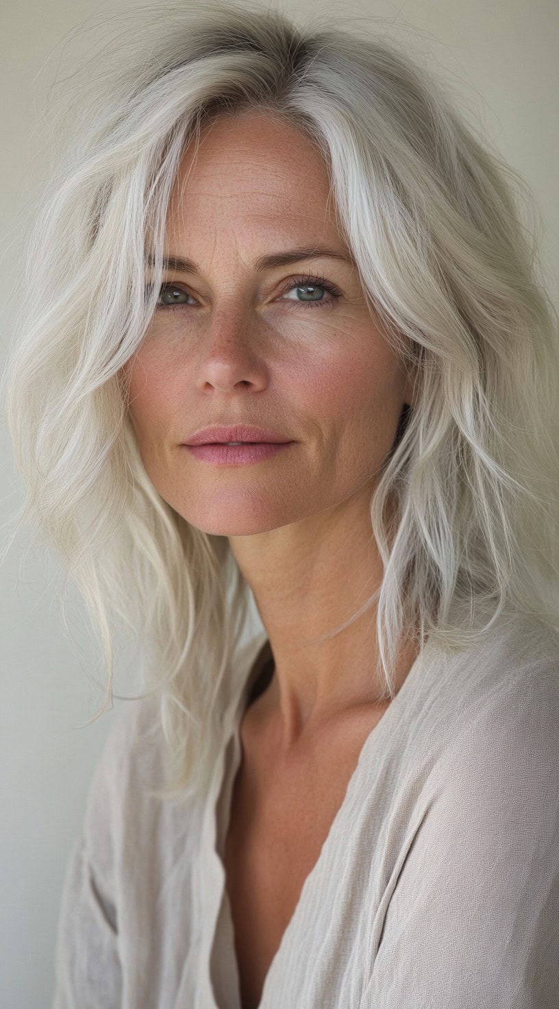 Loose silver waves cascading with tousled texture for a laid-back look.