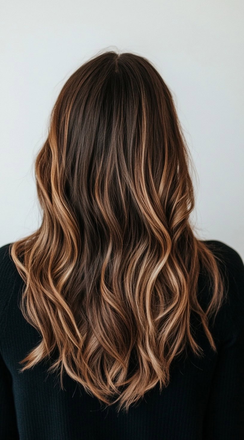 Loose, tousled waves featuring a rich caramel base with honey highlights.