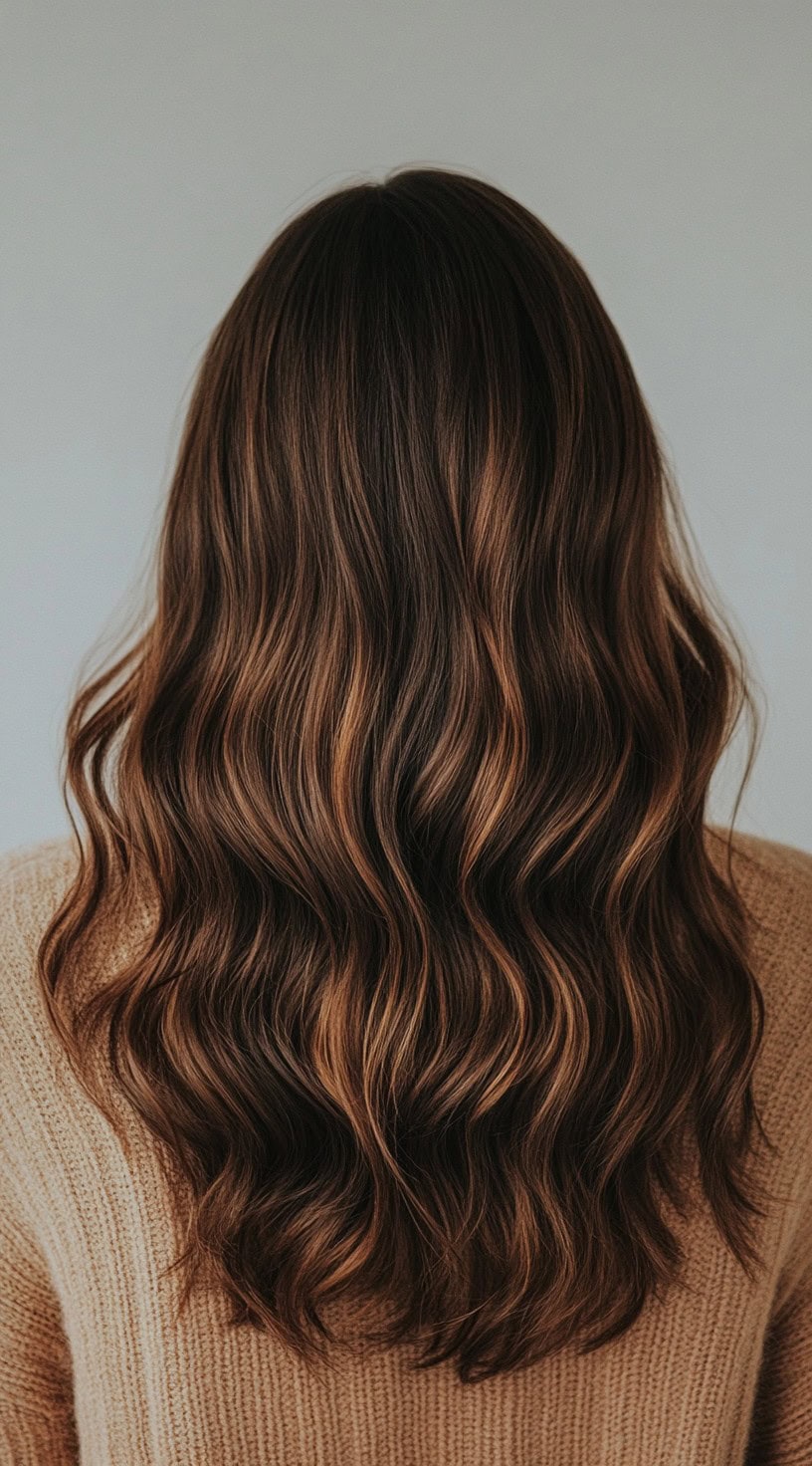 Loose waves with caramel balayage highlights on a dark brown base.