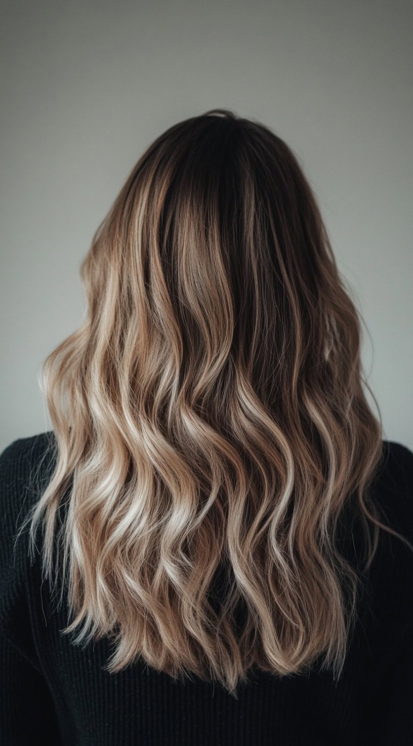 Loose, wavy hair with dark roots transitioning into ash blonde balayage.