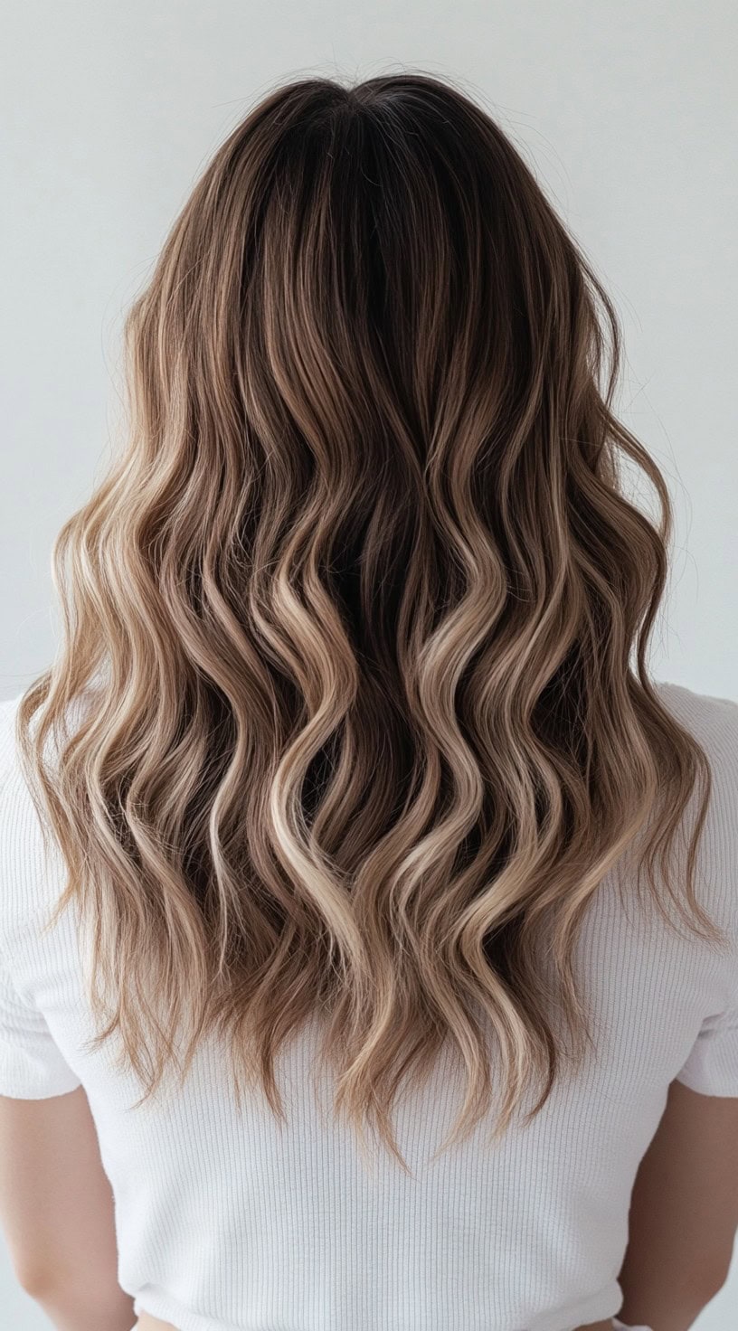 Loose, wavy hair with soft golden blonde balayage starting near the roots.