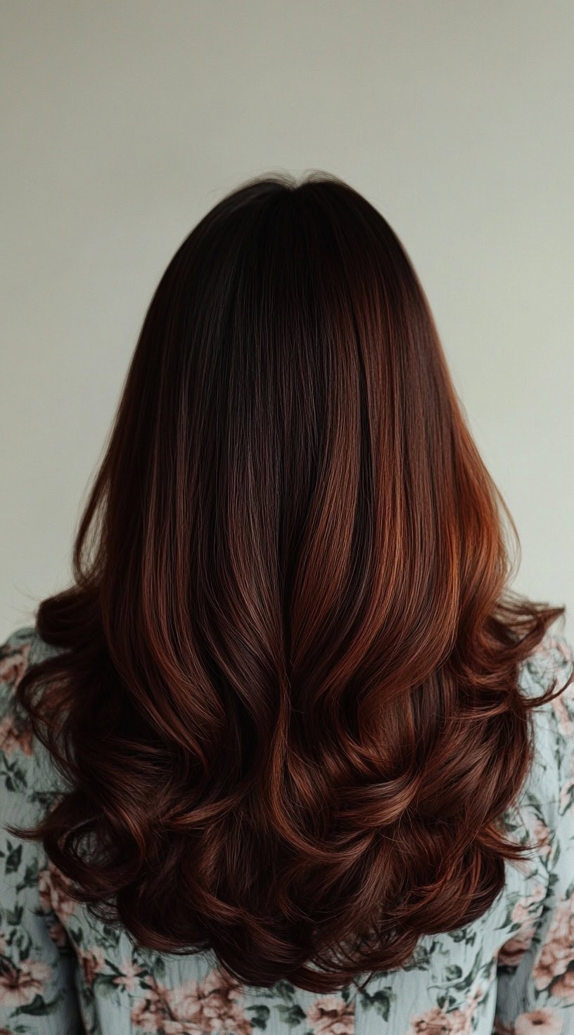 Medium-length dark brown hair with voluminous curls and rich mahogany balayage highlights.