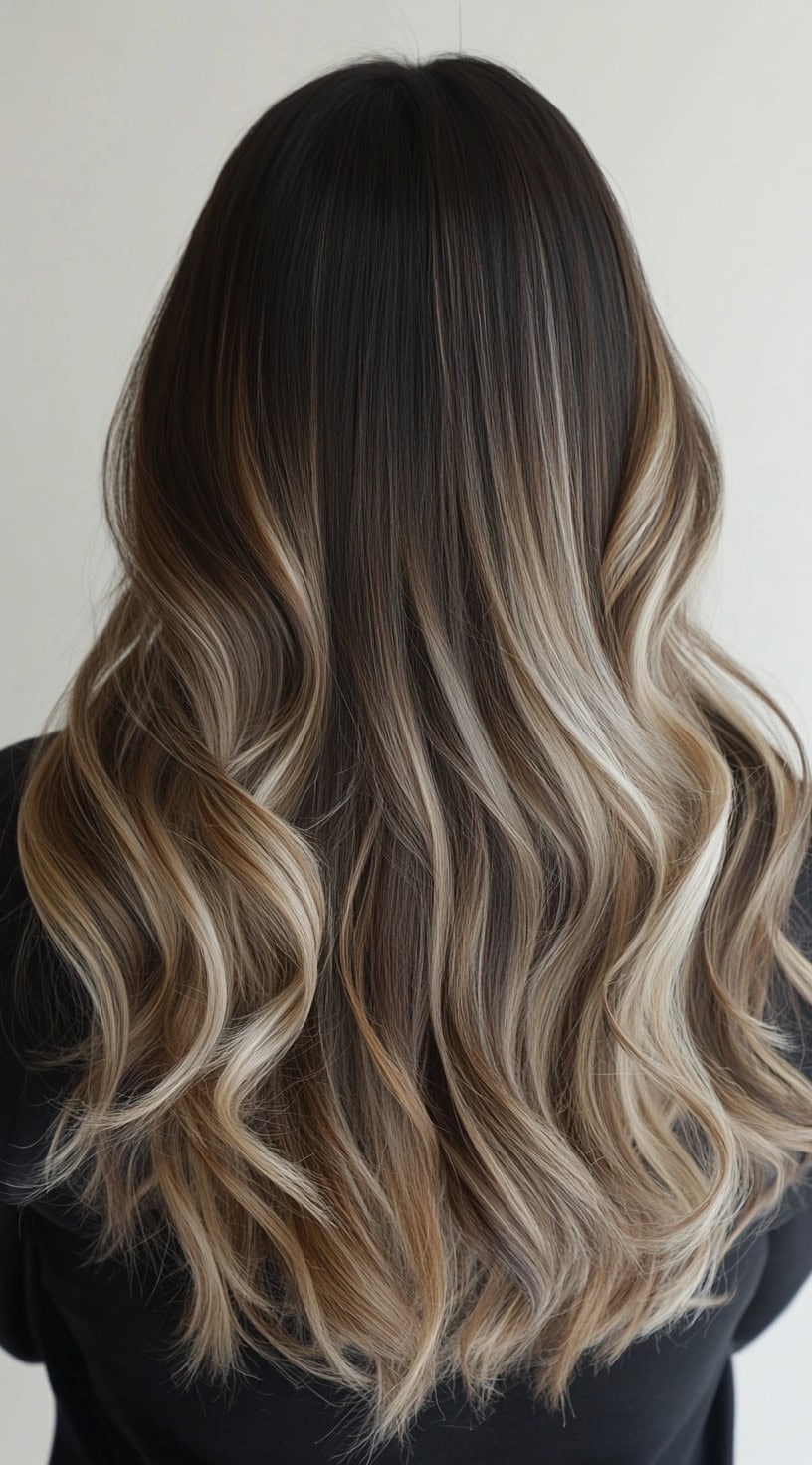 Medium-length hair with dark roots fading into honey blonde balayage at the ends.