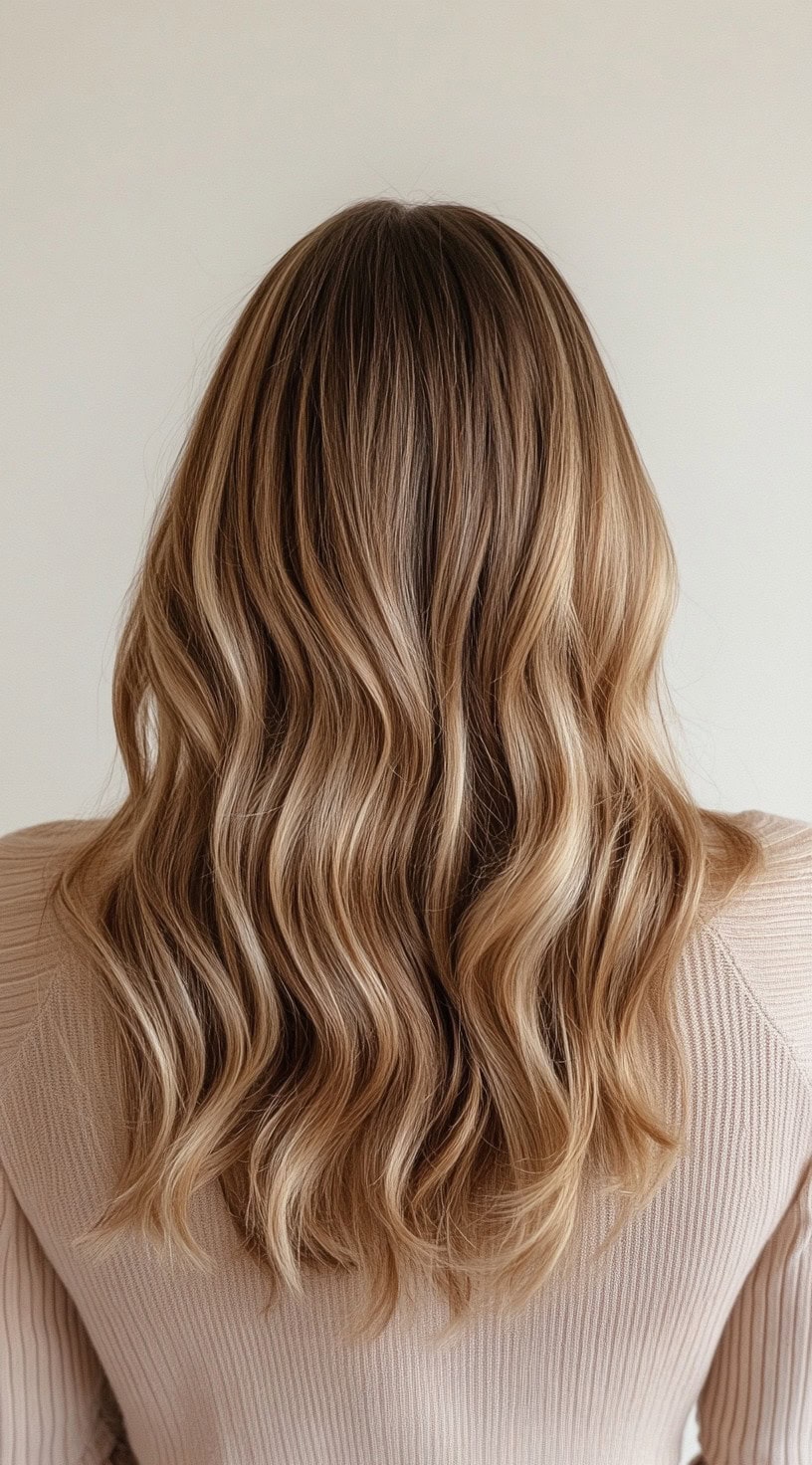 Medium-length textured waves with warm caramel balayage and honey highlights.