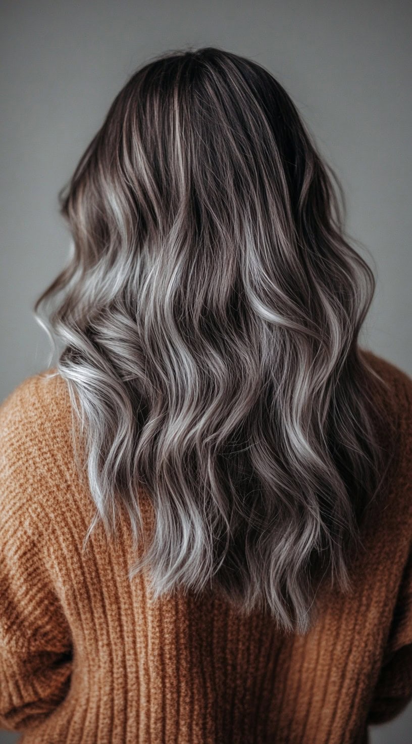 Medium-length wavy brunette hair with ash gray balayage highlights.