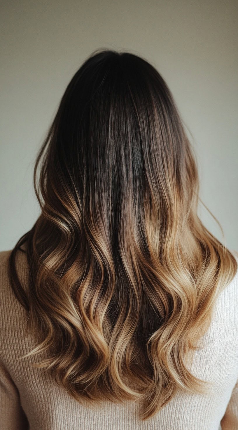 Medium-length wavy brunette hair with golden honey balayage highlights.