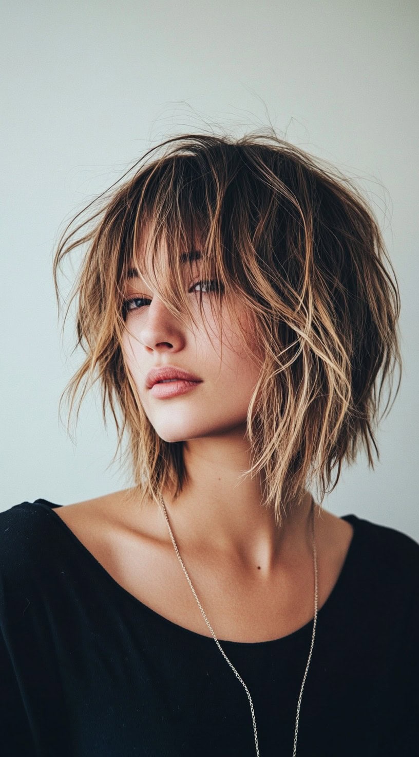 Messy brunette bob with wispy layers and effortless volume.