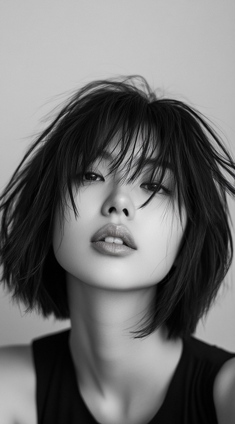 Messy shaggy bob with wispy bangs and a piecey texture.