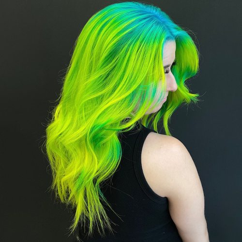 Neon Green Hair Color with Bright Blue Roots