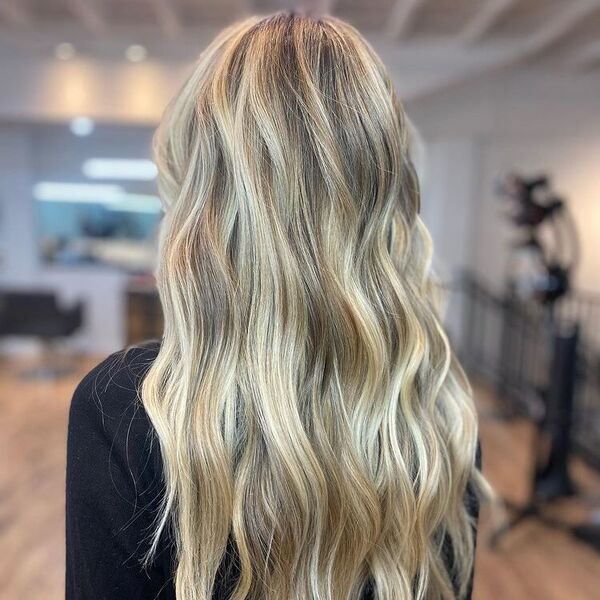 Ombre Blonde Balayage - a woman wearing a black sweater