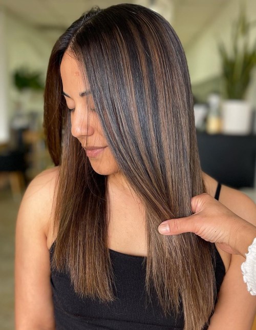 Pin Straight Dark Brown Hair with Brown Balayage