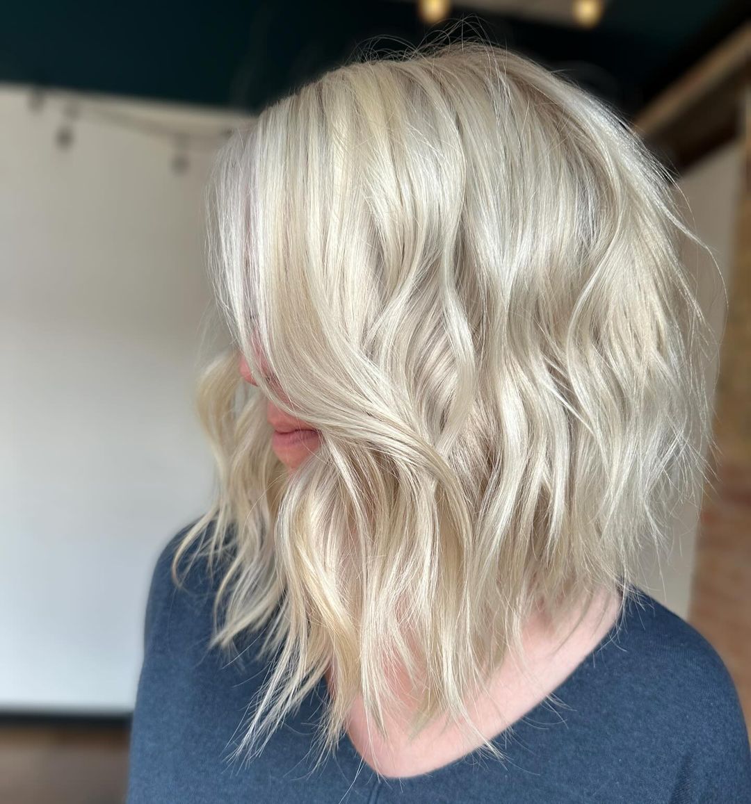 Platinum Blonde Long Inverted Messy Bob