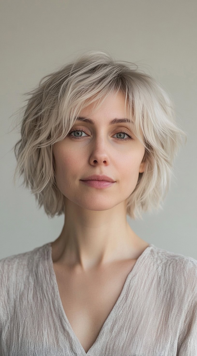 Platinum blonde shaggy bob with feathered ends for a light, airy look.