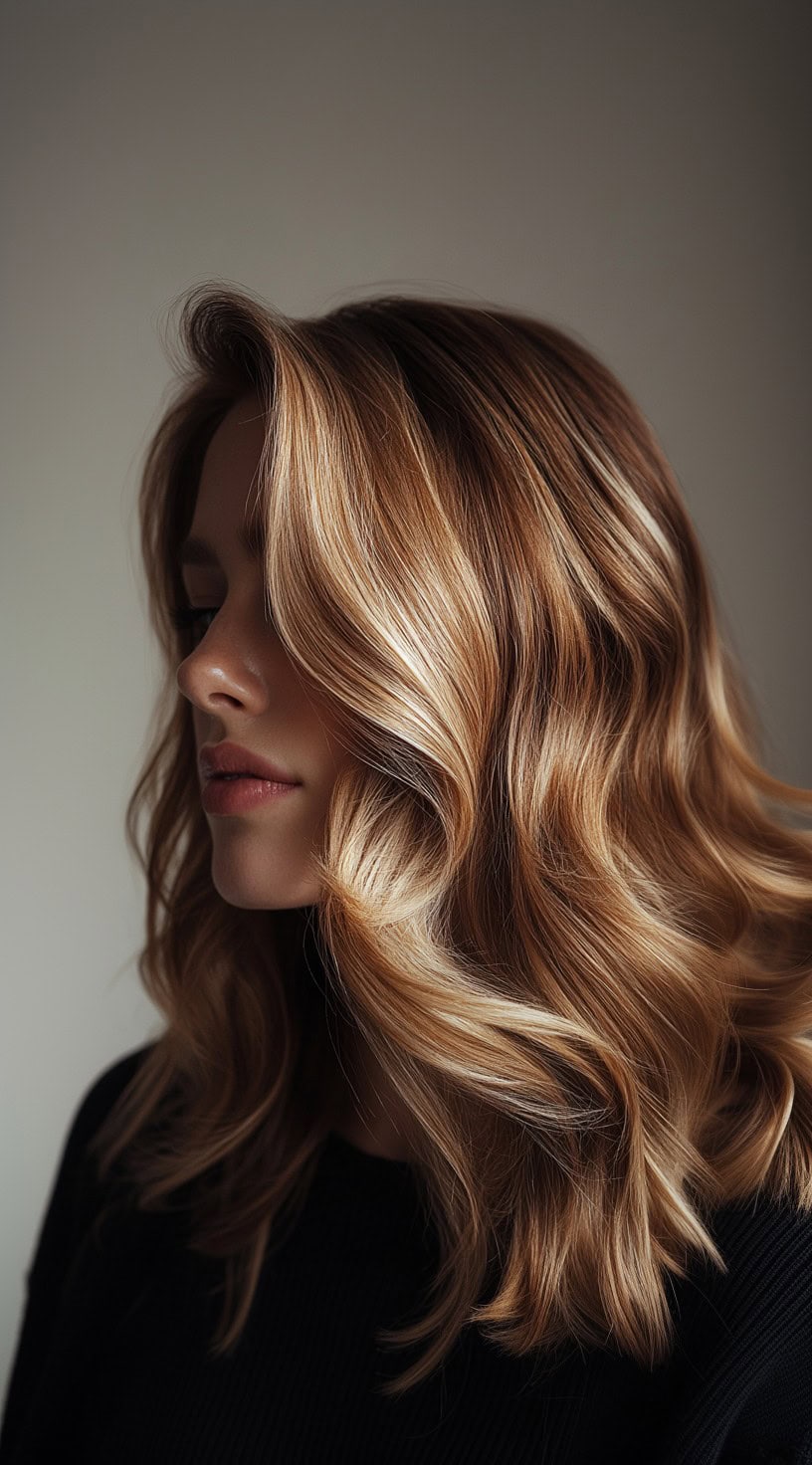 Polished, glamorous waves with a caramel balayage and soft honey tones.