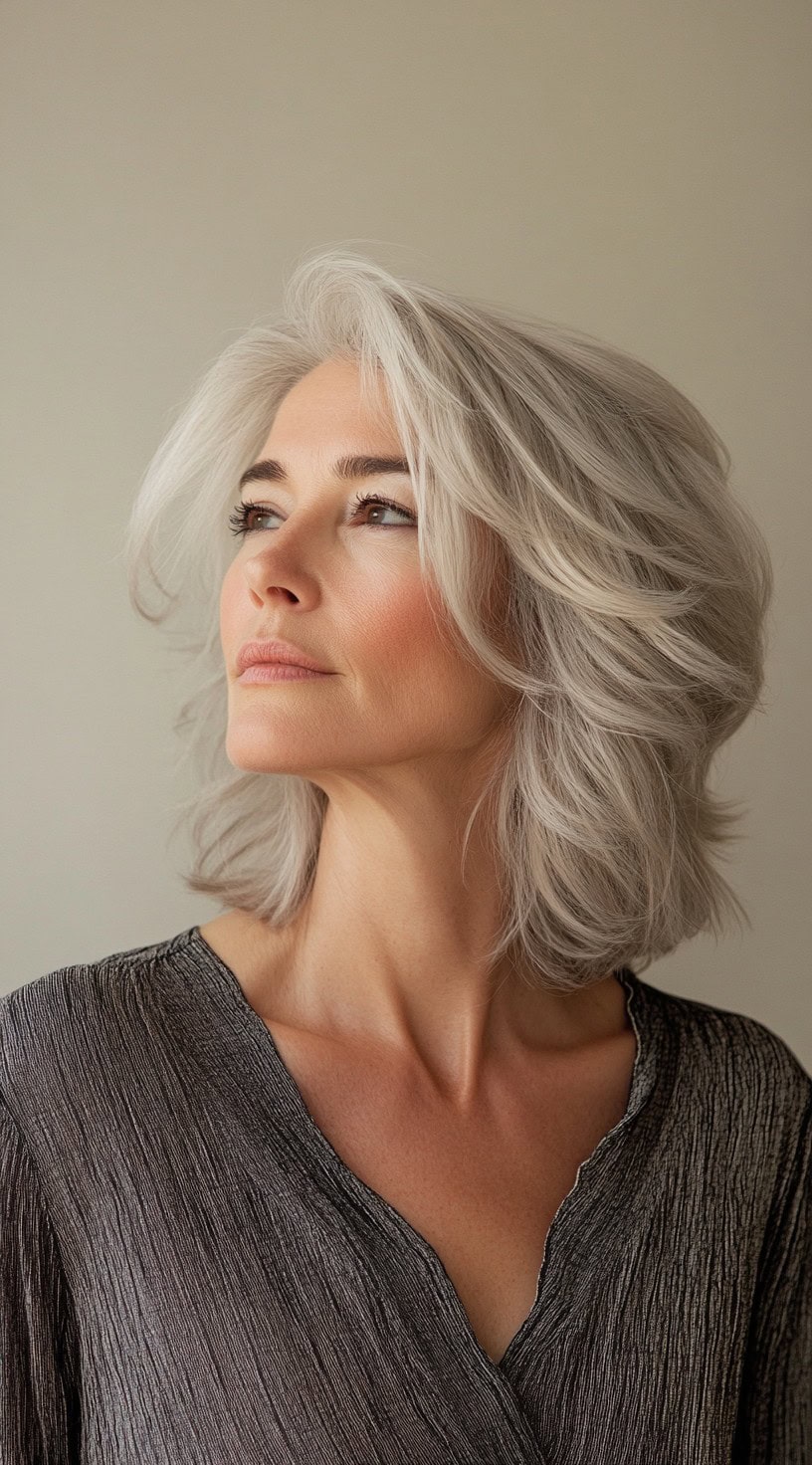 Polished silver bob with feathered layers for volume and dimension.