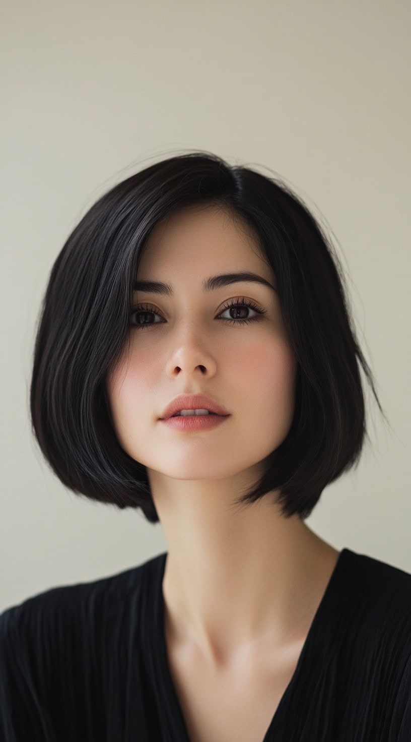 Polished, soft bob with a subtle side part and smooth texture.