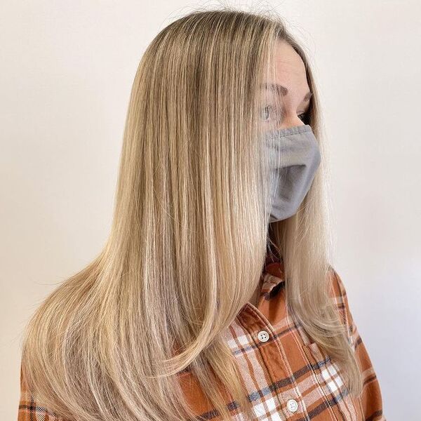 Revel Stoke Blonde Balayage - a woman wearing an orange checkered polo shirt and a gray mask