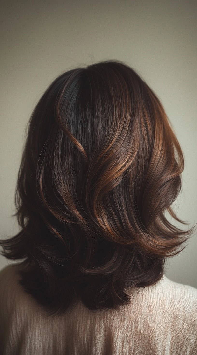 Rich mahogany hair with deep auburn lowlights enhancing the depth.