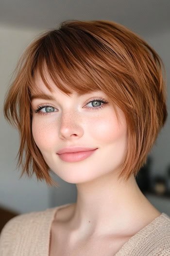 Shaggy Layered Bob With Bangs Haircut on a smiling woman with short copper brown hair.