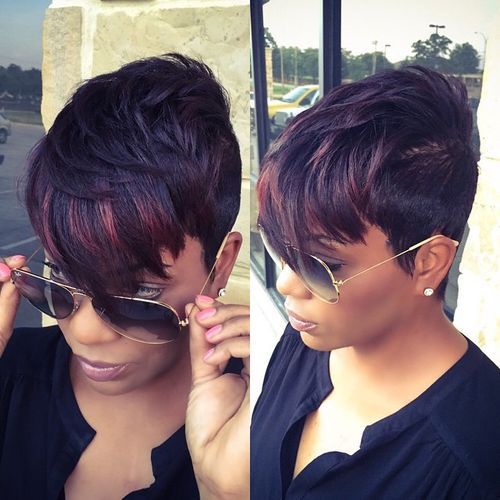 Short Black Hair with Caramel Highlights in the Bangs