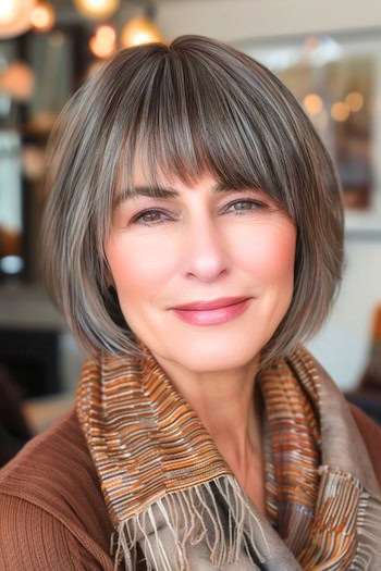 Short Bob With Bangs And Subtle Layers Haircut on an older woman with short brown hair.