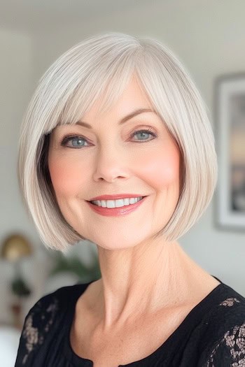 Short Bob With Bangs For Fine Hair Haircut on a smiling woman with short silver hair.