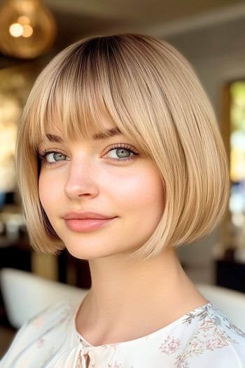 Short Bob With Full Bangs Haircut on a smiling woman with short honey blonde hair.