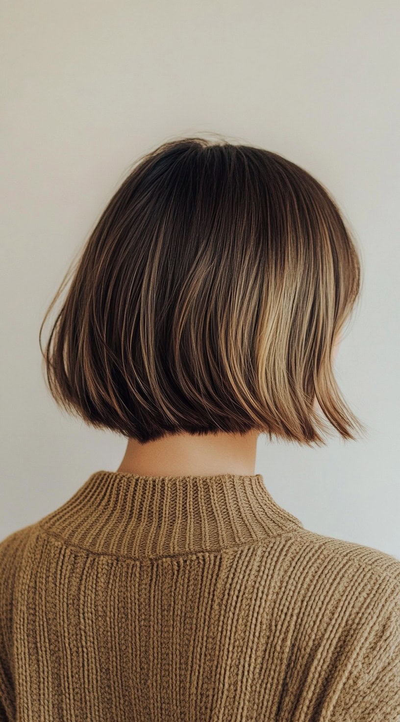 Short brunette bob with subtle balayage highlights near the ends.