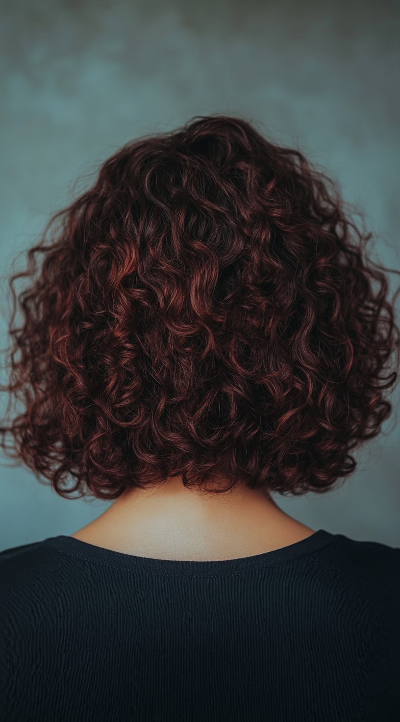 Short curly bob with deep cherry red highlights on a black base.