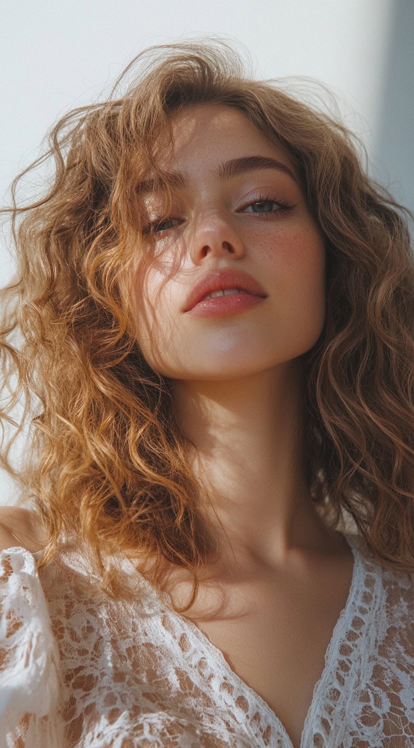 Short, messy curls enhanced with honey-toned caramel highlights.