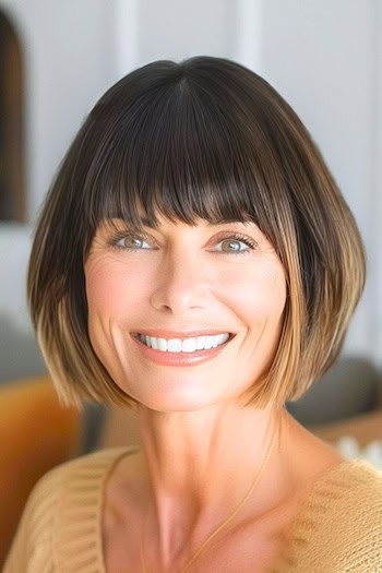 Short Ombre Bob With Bangs Haircut on a smiling woman with short brown-to-blonde ombre hair.