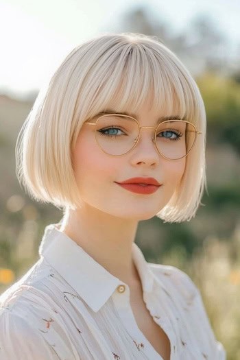 Short Platinum Bob With Bangs Haircut aon a smiling woman with short light blonde hair.