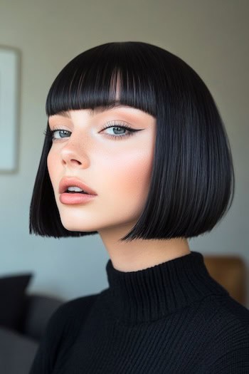 Short Sharp Bob With Blunt Bangs Haircut on a woman with short dark brown hair.