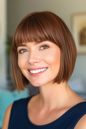 Short Straight Bob With Bangs Haircut on a smiling woman with short brown hair.