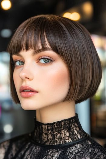 Short Straight Jaw-Length Bob With Bangs Haircut on a woman with short brown hair.